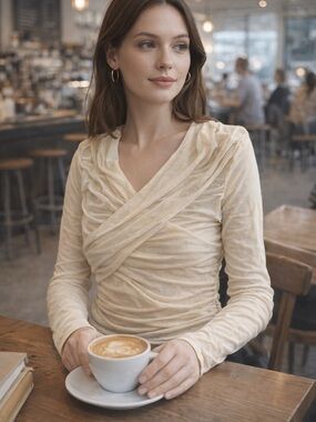 Ruched Cream Long-Sleeve Wrap Front Top